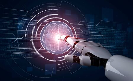 3D rendering artificial intelligence AI research of robot and cyborg development for future of people living. Digital data mining and machine learning technology design for computer brain.の写真素材