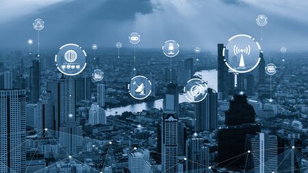 Modern creative telecommunication and internet network connect in smart city. Concept of 5G wireless digital connection and internet of things future.の写真素材
