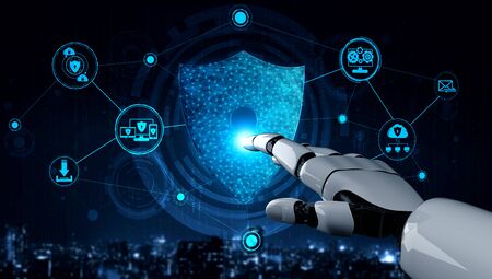 3D rendering artificial intelligence AI research of robot and cyborg development for future of people living. Digital data mining and machine learning technology design for computer brain.の写真素材