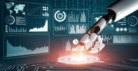 3D Rendering futuristic robot technology development, artificial intelligence AI, and machine...