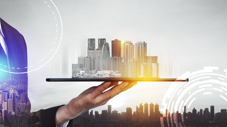 Modern creative telecommunication and internet network connect in smart city. Concept of 5G wireless...