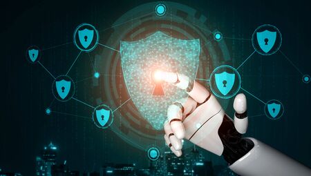 3D rendering artificial intelligence AI research of robot and cyborg development for future of people living. Digital data mining and machine learning technology design for computer brain.の写真素材