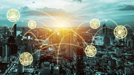 Modern creative telecommunication and internet network connect in smart city. Concept of 5G wireless digital connection and internet of things future.の写真素材