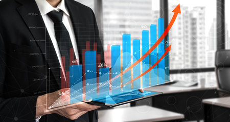 Double Exposure Image of Business and Finance - Businessman with report chart up forward to...