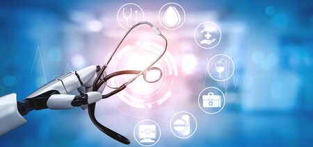 3D rendering medical artificial intelligence robot working in future hospital. Futuristic prosthetic healthcare for patient and biomedical technology concept.の写真素材