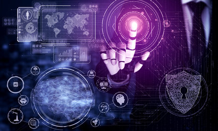 3D rendering artificial intelligence AI research of robot and cyborg development for future of...