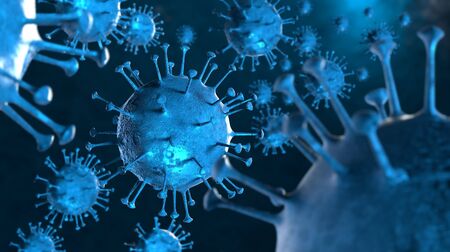 3D illustration Coronavirus COVID-19 virus under microscope in blood sample background. Outbreak of Coronavirus Covid-19 caused pandemic health risk. Corona virus cell is generated by 3D rendering.の写真素材