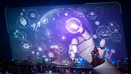 3D rendering artificial intelligence AI research of robot and cyborg development for future of...