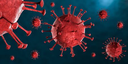3D illustration Coronavirus COVID-19 virus under microscope in blood sample background. Outbreak of Coronavirus Covid-19 caused pandemic health risk. Corona virus cell is generated by 3D rendering.の写真素材