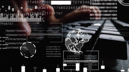 Man working on laptop computer keyboard with graphic user interface GUI hologram showing concepts of...