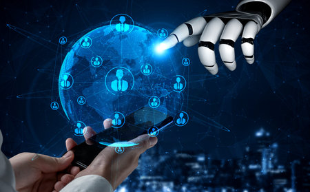 3D rendering artificial intelligence AI research of robot and cyborg development for future of...