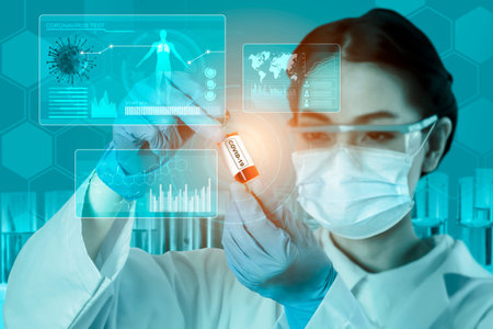 Coronavirus COVID-19 medical test vaccine research and development concept. Scientist in laboratory...
