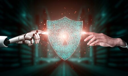 3D rendering artificial intelligence AI research of robot and cyborg development for future of people living. Digital data mining and machine learning technology design for computer brain.の写真素材