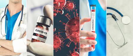 Coronavirus COVID-19 photo set banner in concept of medical treatment including medicine, vaccine and doctor service to prevent, treat and cure covid-19 or 2019 Coronavirus Disease.の写真素材