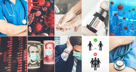 Coronavirus COVID-19 news story summary photo set in concept of covid-19 effects to people life behavior, economy, social and medical service caused by outbreak of 2019 coronavirus disease.の写真素材