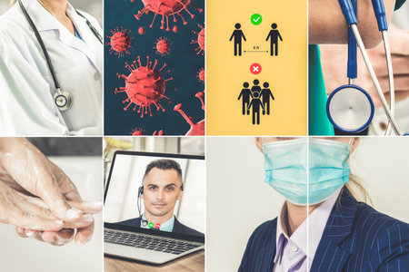 Coronavirus COVID-19 image set banner in concept of prevention information including safety precaution and doctor service to prevent spreading infection of covid-19 or 2019 Coronavirus Disease.の写真素材