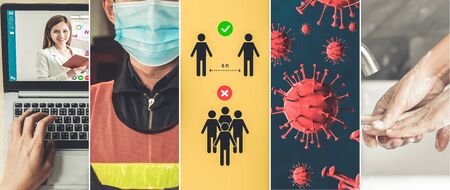 Coronavirus COVID-19 image set banner in concept of prevention information including safety precaution and doctor service to prevent spreading infection of covid-19 or 2019 Coronavirus Disease.の写真素材