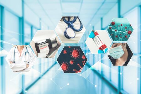 Coronavirus COVID-19 photo set banner in concept of medical treatment including medicine, vaccine and doctor service to prevent, treat and cure covid-19 or 2019 Coronavirus Disease.の写真素材