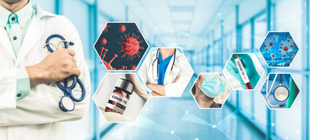 Coronavirus COVID-19 photo set banner in concept of medical treatment including medicine, vaccine and doctor service to prevent, treat and cure covid-19 or 2019 Coronavirus Disease.の写真素材