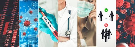 Coronavirus COVID-19 news story summary photo set in concept of covid-19 effects to people life behavior, economy, social and medical service caused by outbreak of 2019 coronavirus disease.の写真素材