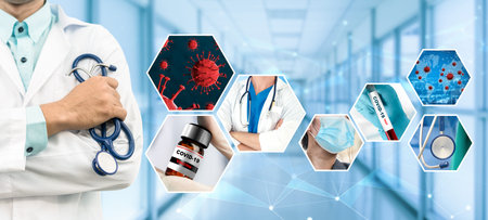Coronavirus COVID-19 photo set banner in concept of medical treatment including medicine, vaccine and doctor service to prevent, treat and cure covid-19 or 2019 Coronavirus Disease.の写真素材