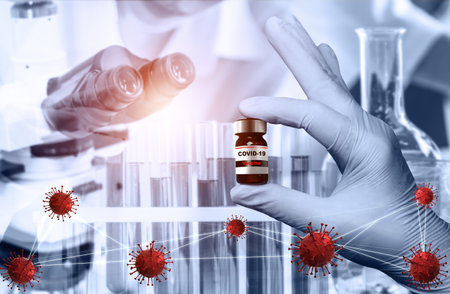 Coronavirus COVID-19 medical test vaccine research and development concept. Scientist in laboratory...