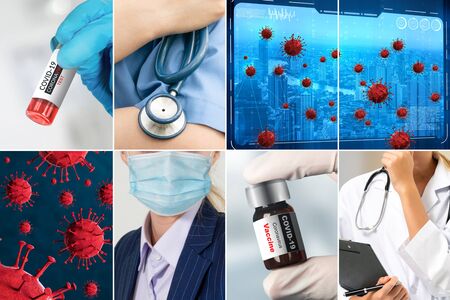Coronavirus COVID-19 photo set banner in concept of medical treatment including medicine, vaccine and doctor service to prevent, treat and cure covid-19 or 2019 Coronavirus Disease.の写真素材