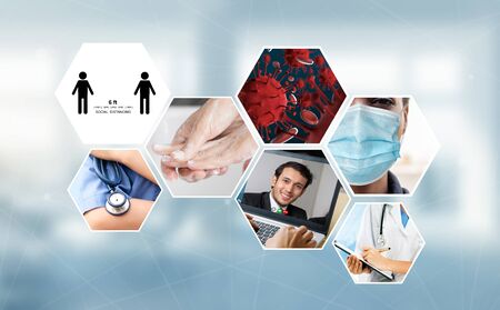 Coronavirus COVID-19 image set banner in concept of prevention information including safety precaution and doctor service to prevent spreading infection of covid-19 or 2019 Coronavirus Disease.の写真素材