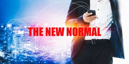 New normal concept effected by COVID 19 coronavirus that changes our lifestyle to new normal presented in style of social media banner or global news when abnormal becomes new normal .の写真素材