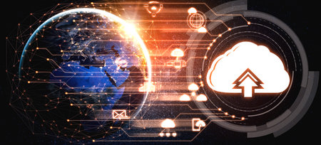 Cloud computing technology and online data storage for business network concept. Computer connects...
