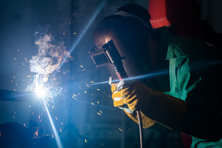 Metal welding steel works using electric arc welding machine to weld steel at factory. Metalwork...