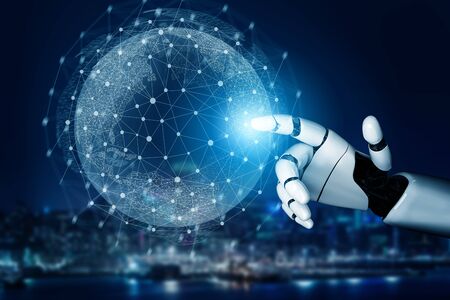 3D Rendering futuristic robot technology development, artificial intelligence AI, and machine learning concept. Global robotic bionic science research for future of human life.の写真素材