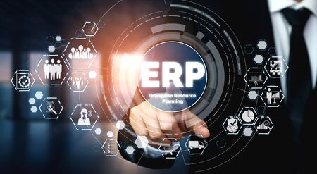 Enterprise Resource Management ERP software system for business resources plan presented in modern graphic interface showing future technology to manage company enterprise resource.の写真素材
