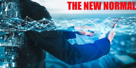 New normal concept effected by COVID 19 coronavirus that changes our lifestyle to new normal presented in style of social media banner or global news when abnormal becomes new normal .の写真素材