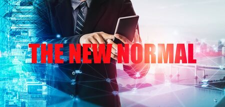 New normal concept effected by COVID 19 coronavirus that changes our lifestyle to new normal presented in style of social media banner or global news when abnormal becomes new normal .の写真素材