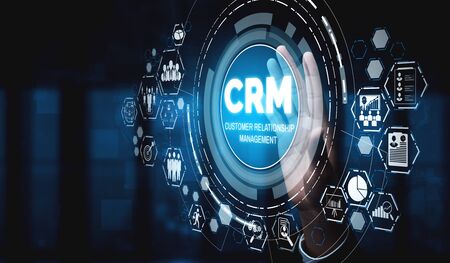 CRM Customer Relationship Management for business sales marketing system concept presented in futuristic graphic interface of service application to support CRM database analysis.の写真素材