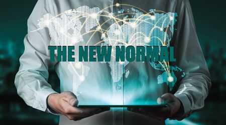 New normal concept effected by COVID 19 coronavirus that changes our lifestyle to new normal presented in style of social media banner or global news when abnormal becomes new normal .の写真素材