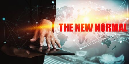 New normal concept effected by COVID 19 coronavirus that changes our lifestyle to new normal presented in style of social media banner or global news when abnormal becomes new normal .の写真素材
