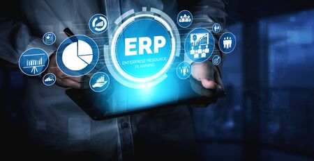 Enterprise Resource Management ERP software system for business resources plan presented in modern graphic interface showing future technology to manage company enterprise resource.の写真素材