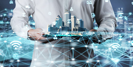 The modern creative communication and internet network connect in smart city . Concept of 5G...