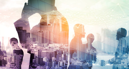 Creative image of many business people conference group meeting on city office building background...