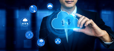 Cloud computing technology and online data storage for business network concept. Computer connects...