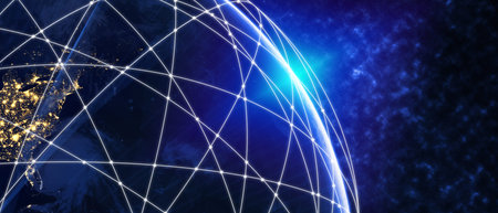3D illustration global modern creative communication and internet network map connect in smart city...