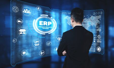 Enterprise Resource Management ERP software system for business resources plan presented in modern graphic interface showing future technology to manage company enterprise resource.の写真素材