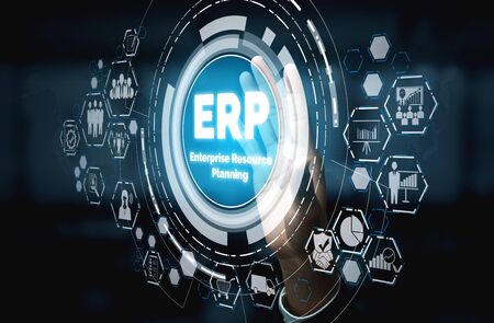 Enterprise Resource Management ERP software system for business resources plan presented in modern graphic interface showing future technology to manage company enterprise resource.の写真素材