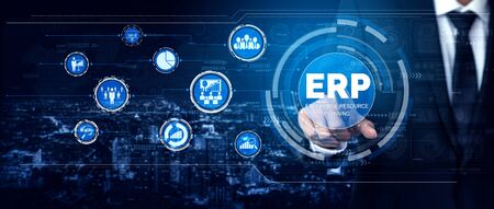 Enterprise Resource Management ERP software system for business resources plan presented in modern graphic interface showing future technology to manage company enterprise resource.の写真素材
