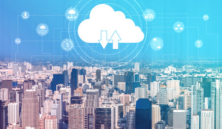 Cloud computing technology and online data storage for business network concept. Computer connects...