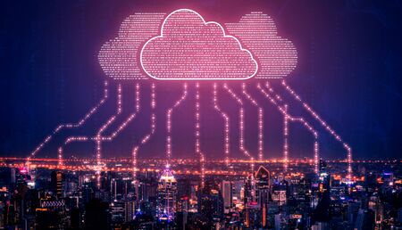 Cloud computing technology and online data storage for business network concept. Computer connects to internet server service for cloud data transfer presented in 3D futuristic graphic interface.の写真素材