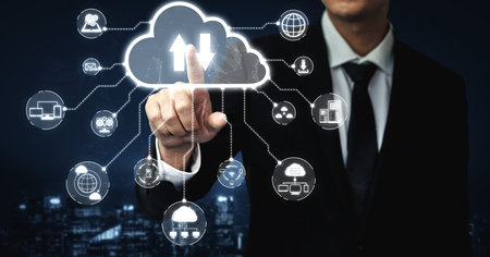 Cloud computing technology and online data storage for business network concept. Computer connects...