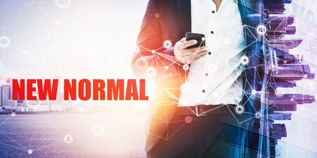 New normal concept effected by COVID 19  that changes our lifestyle to new normal presented in style of social media banner or global news when abnormal becomes new normal .の写真素材